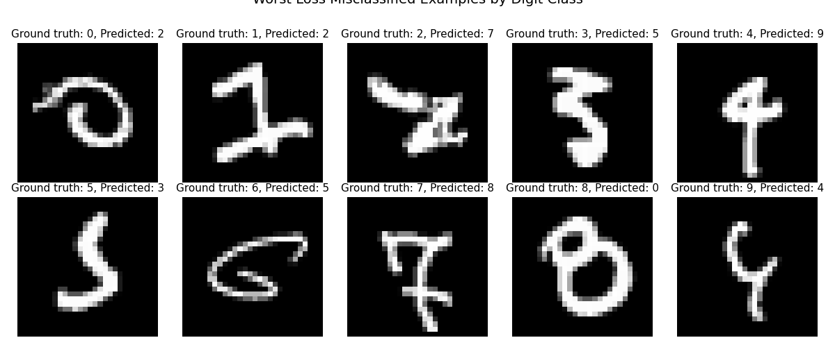 Worst Loss Misclassified Examples by Digit Class, Ground truth: 0, Predicted: 2, Ground truth: 1, Predicted: 2, Ground truth: 2, Predicted: 7, Ground truth: 3, Predicted: 5, Ground truth: 4, Predicted: 9, Ground truth: 5, Predicted: 3, Ground truth: 6, Predicted: 5, Ground truth: 7, Predicted: 8, Ground truth: 8, Predicted: 0, Ground truth: 9, Predicted: 4